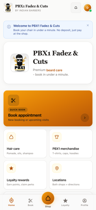 PBX1 app home screen with quick booking, hair care, merchandise and loyalty