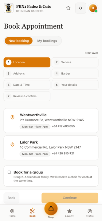 PBX1 app booking flow showing the Wentworthville and Lalor Park locations