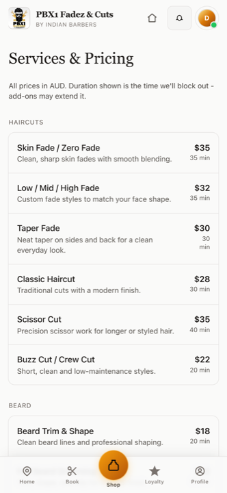 PBX1 app services screen listing fades, cuts and beard work