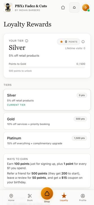 PBX1 app loyalty rewards screen showing Silver, Gold and Platinum tiers