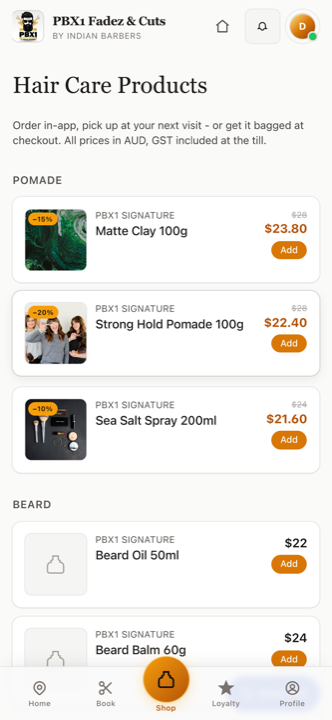 PBX1 app shop screen with pomades and beard care to reserve and pay at the shop